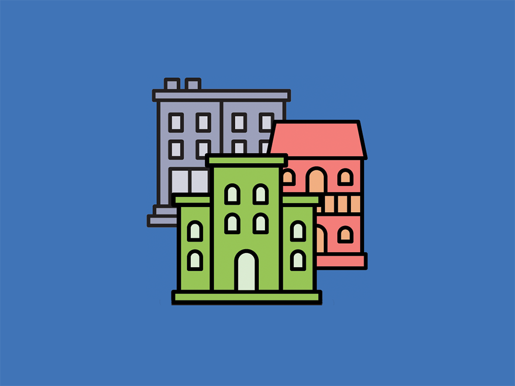 Illustration of three stylized apartment buildings in gray, green, and red on a blue background.