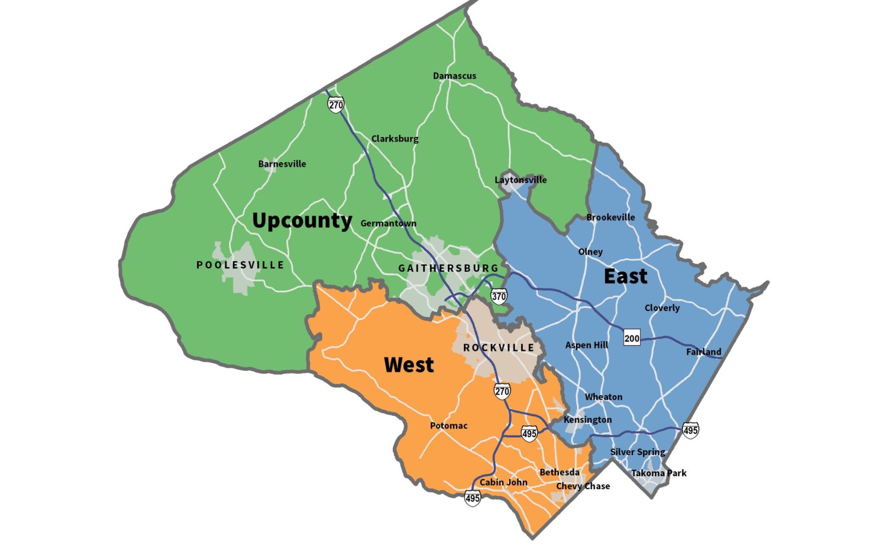 A map of Montgomery County, Maryland divided into three color-coded regions: Upcounty (green), West (orange), and East (blue), with major roads and cities labeled.