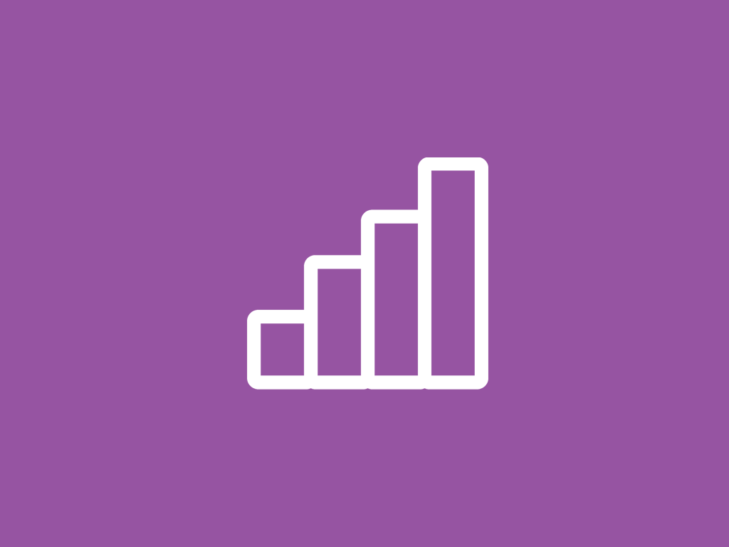 White outlined bar chart with four ascending bars on a solid purple background.