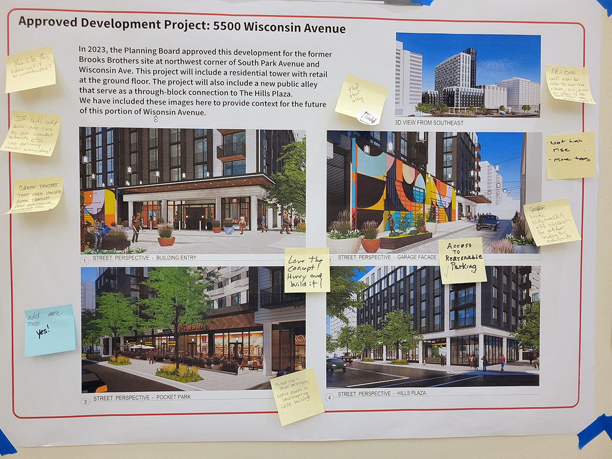 Poster displays design plans and renderings for a new mixed-use development at 5500 Wisconsin Avenue, with multiple sticky notes containing feedback and comments attached around the edges.