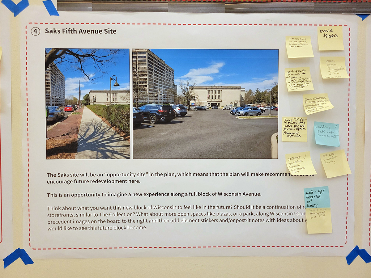 A presentation board about the Saks Fifth Avenue site features two photos of the location, descriptive text, and several sticky notes with handwritten comments attached to the right side.