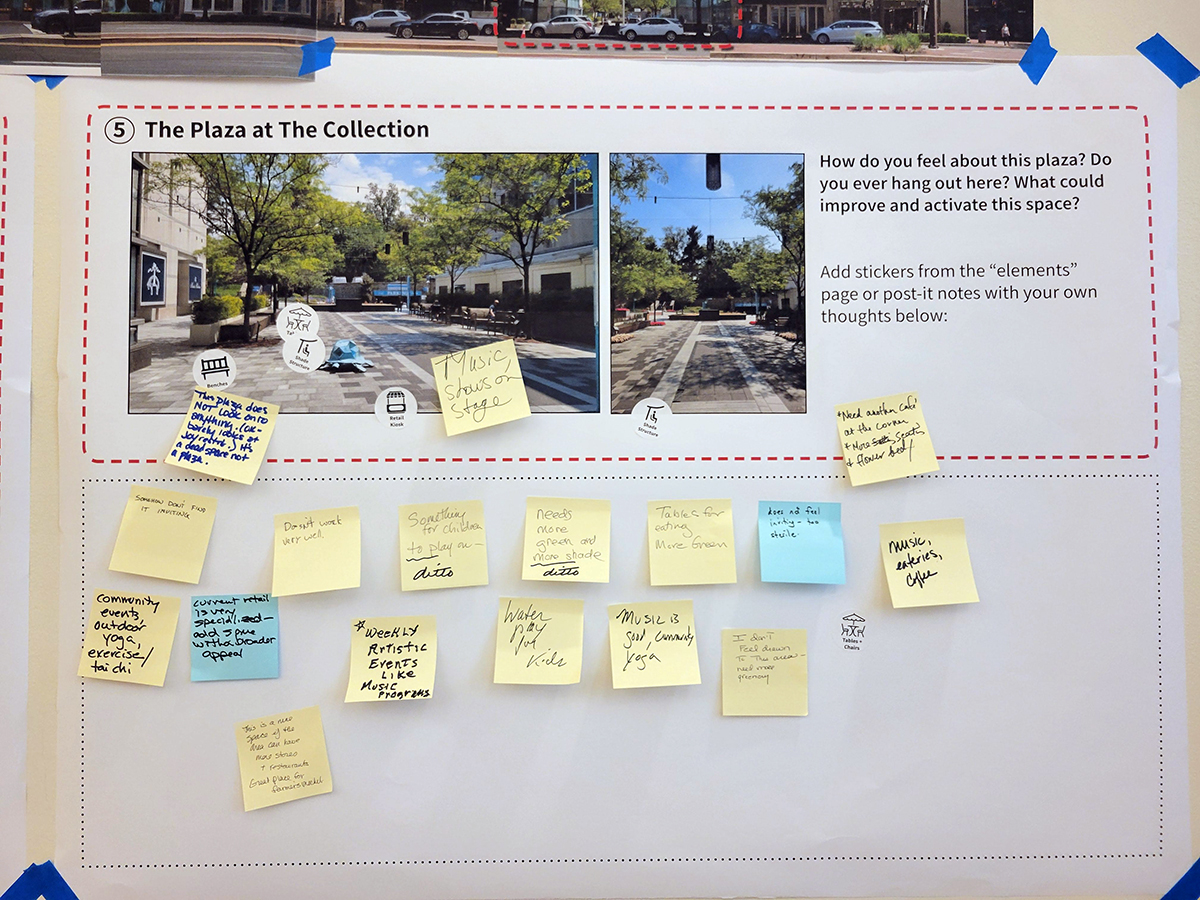A display board shows a plaza photo with prompts for feedback; several colorful sticky notes with handwritten comments are attached below the image.