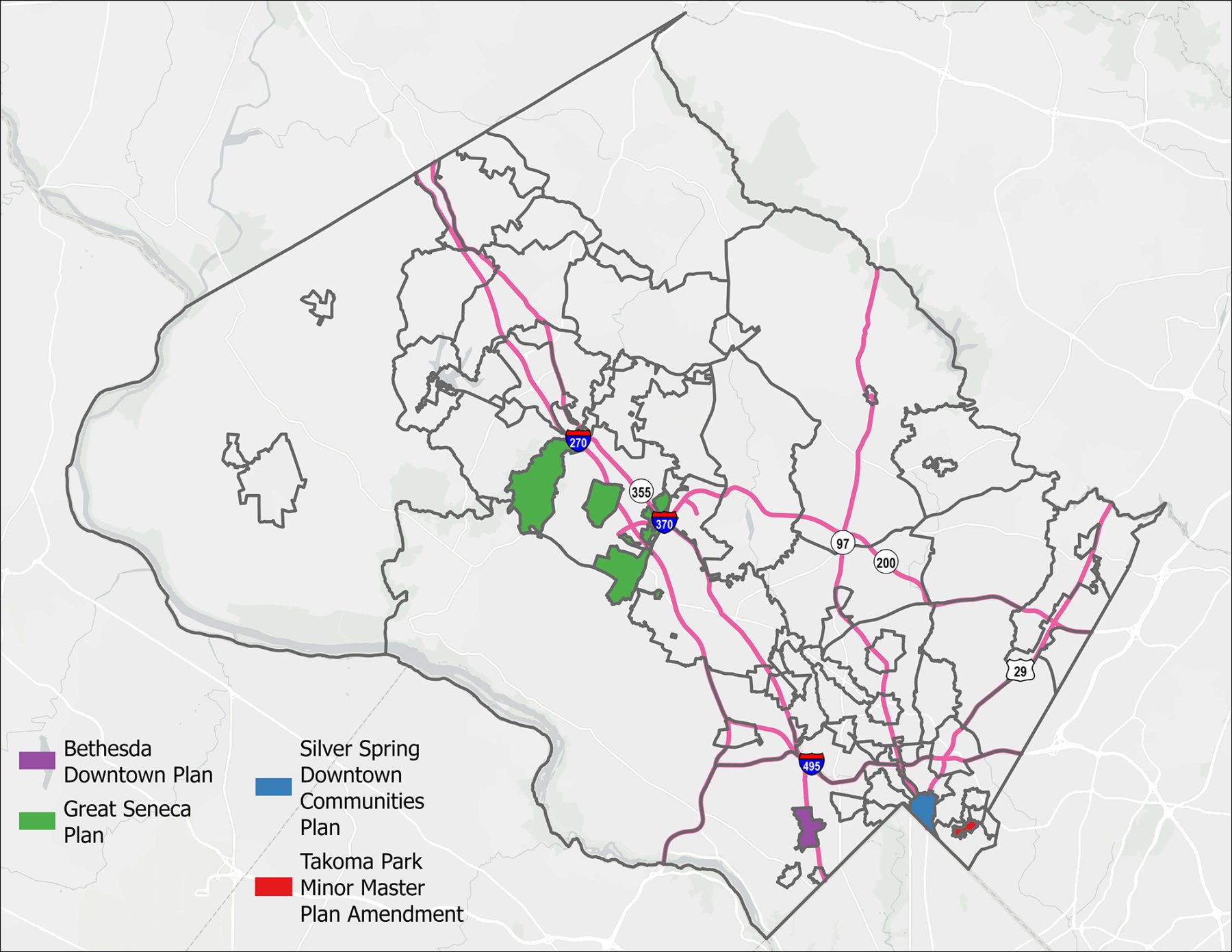 A map highlighting the master plans with a 15% MPDU requirement in 2025. These are the Bethesda Downtown Plan, the Great Seneca Plan, the Silver Spring Downtown Communities Plan, and the Takoma Park Minor Master Plan Amendment.