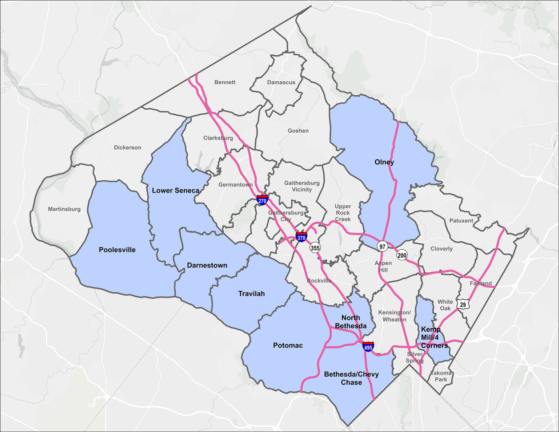 A map highlighting the Planning Areas with a 15% MPDU requirement in 2025. These are Bethesda/Chevy Chase, Darnestown, Kemp Mill/Four Corners (new in 2025), Lower Seneca, North Bethesda, Olney (new in 2025), Poolesville (new in 2025), Potomac, and Travilah.