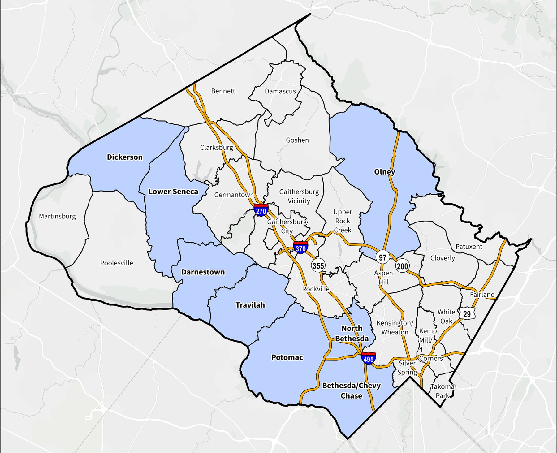 A map highlighting the Planning Areas with a 15% MPDU requirement in 2025. These are Bethesda/Chevy Chase, Darnestown, Kemp Mill/Four Corners (new in 2025), Lower Seneca, North Bethesda, Olney (new in 2025), Poolesville (new in 2025), Potomac, and Travilah.