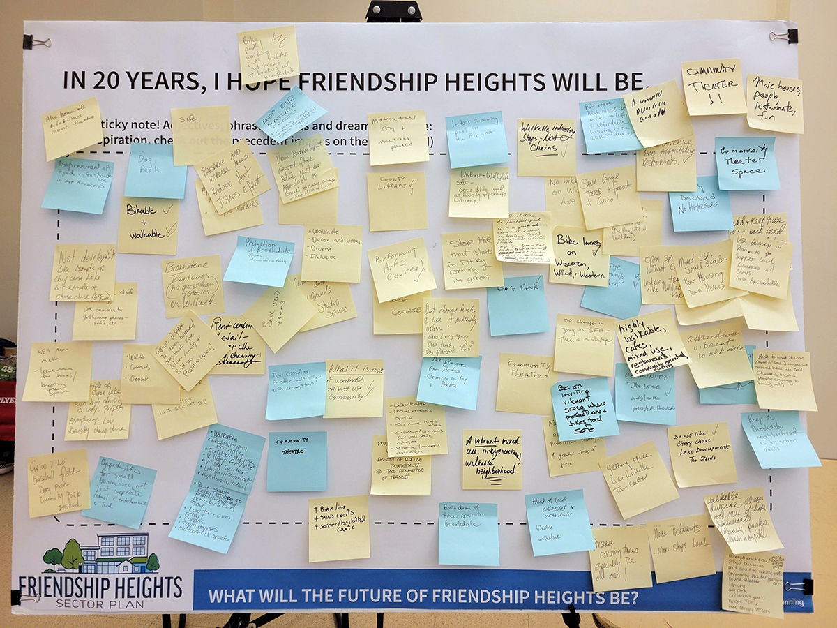 A poster titled "In 20 Years, I Hope Friendship Heights Will Be..." is covered with numerous handwritten sticky notes sharing community hopes and ideas for the neighborhood’s future.