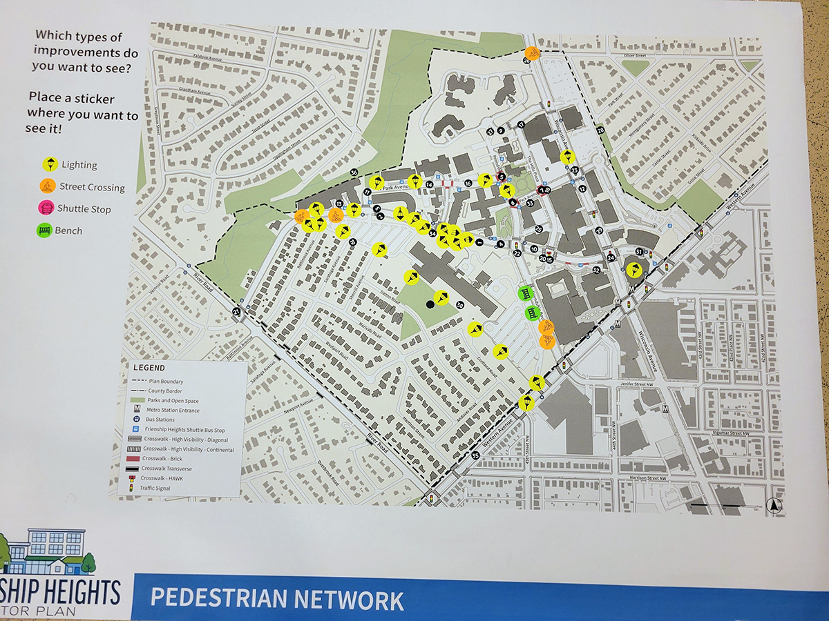 A map titled "Pedestrian Network" displays proposed locations for lighting, street crossings, shuttle stops, and benches in a residential and commercial area.