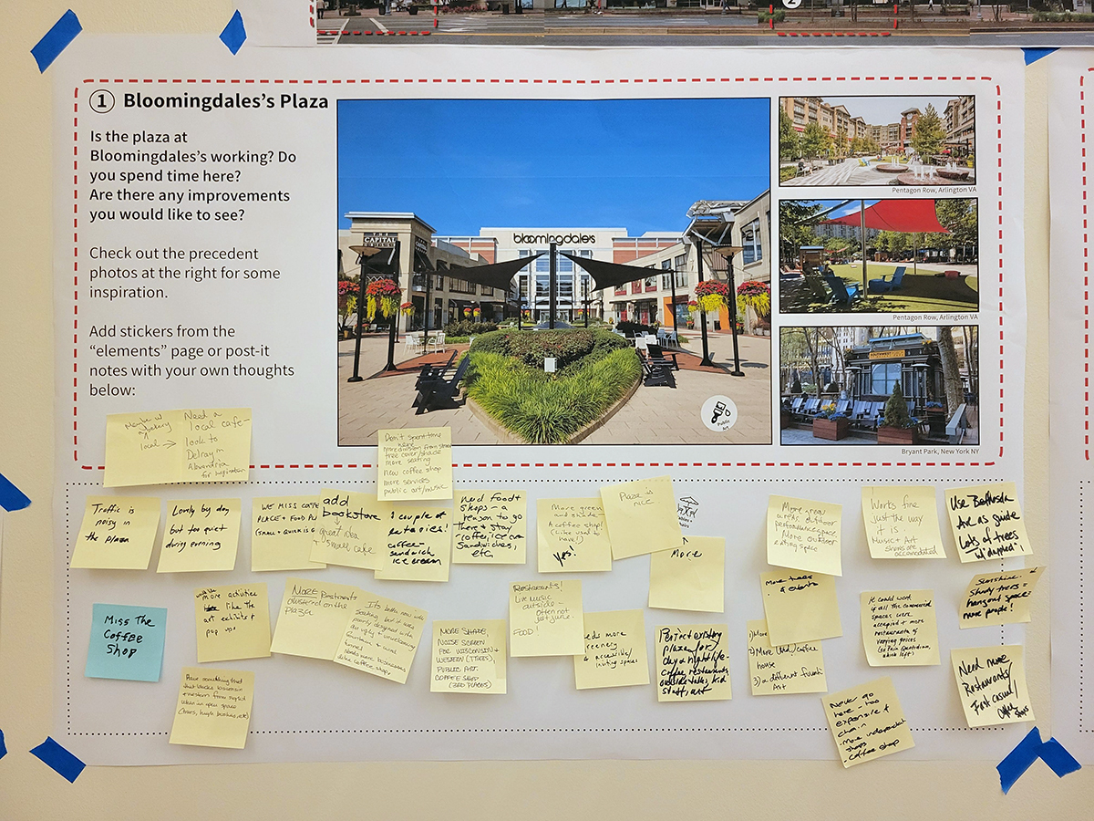 A feedback board labeled "Bloomingdale’s Plaza" displays a large photo of the plaza, prompt questions, and numerous handwritten sticky notes with community comments.
