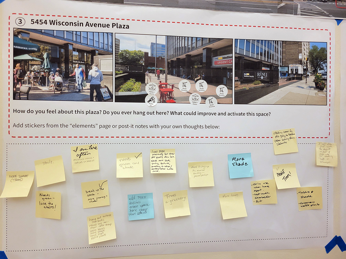 A feedback board for 5454 Wisconsin Avenue Plaza shows a photo collage of the plaza, suggested improvements, and multiple handwritten sticky notes with public comments.