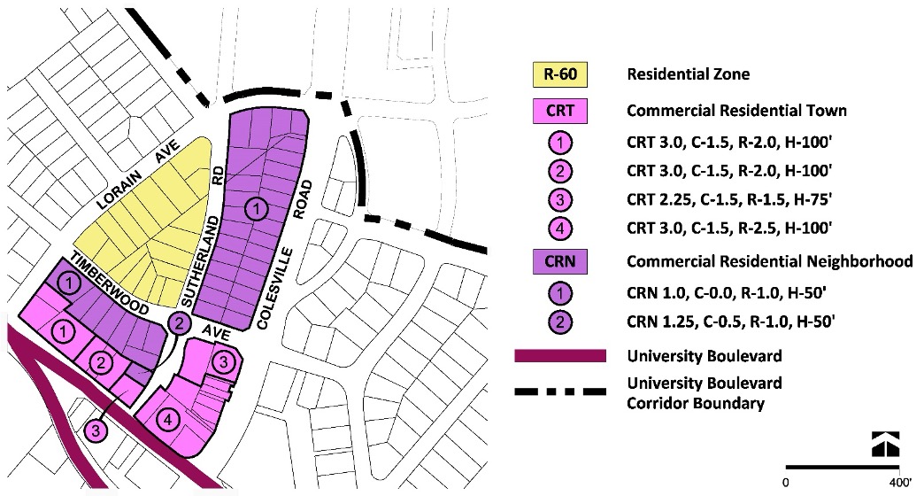 Figure 52: Proposed Zoning for the Four Corners North Neighborhood
Zoning map showing residential (yellow) and commercial (purple) zones, with a legend detailing zone types and boundaries along University Boulevard and surrounding streets.