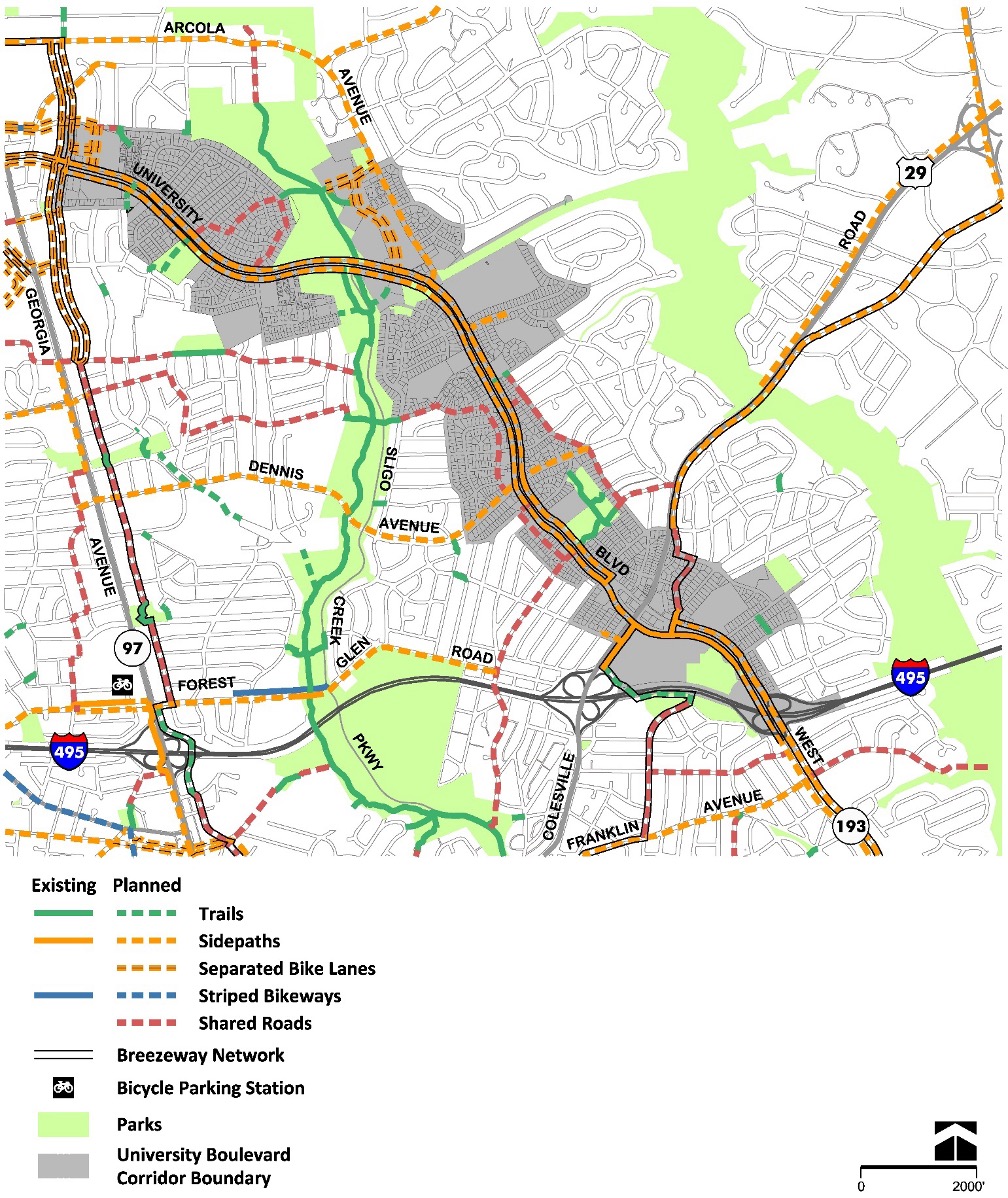 Figure 88: University Boulevard - Bikeways
Map showing existing and planned bike lanes, trails, sidepaths, and shared roads in a city area, with parks and major roads labeled; legend included for route types.