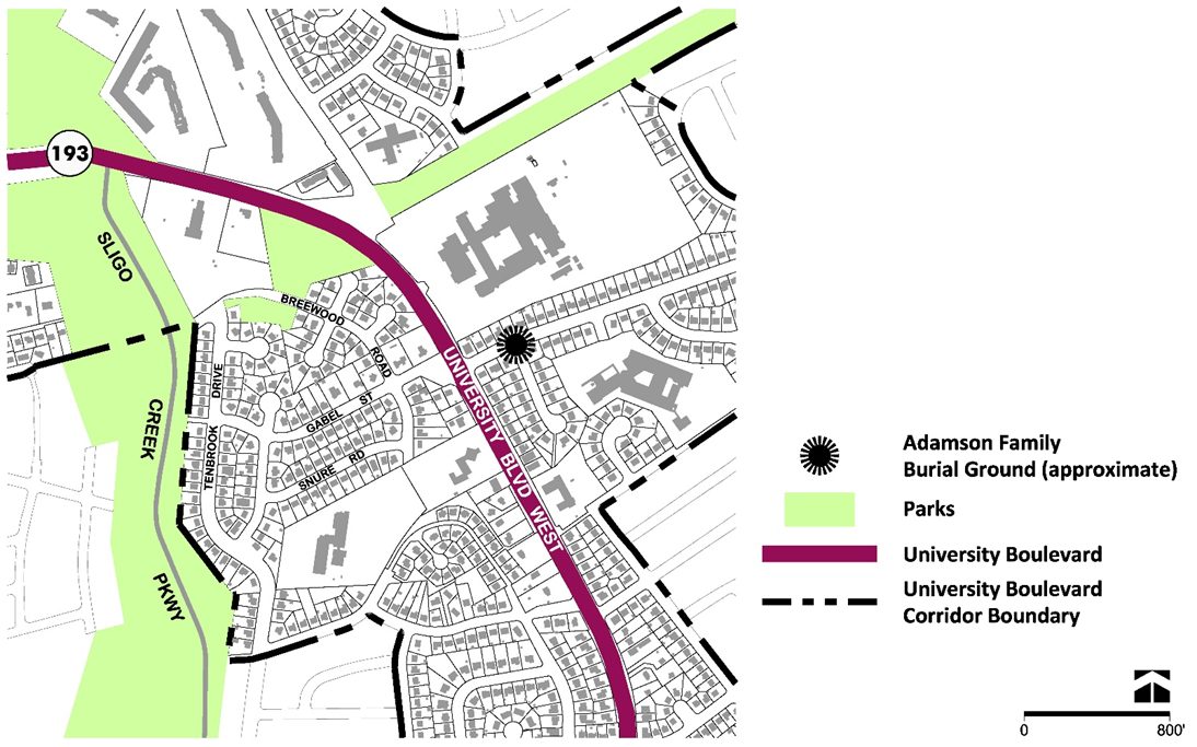 Figure 92: Approximate location of Adamson Family Burial Ground
Map showing parks in green, University Boulevard in magenta, the Adamson Family Burial Ground, and the university corridor boundary in a residential area.
