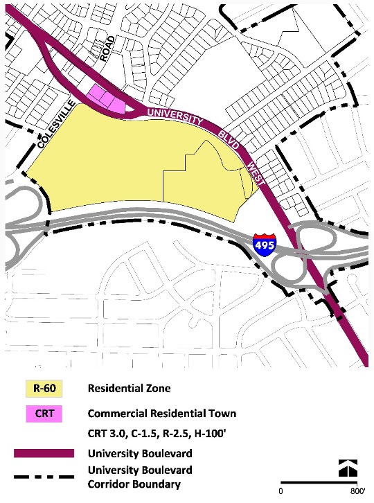 Figure 59: Proposed Zoning Blair High School Neighborhood
Map showing residential (yellow) and commercial residential town (pink) zones along University Boulevard and I-495, with highlighted corridor boundary and labeled roads.