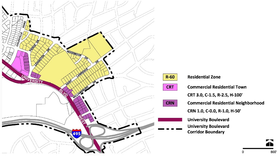 Figure 56: Proposed Zoning for the Woodmoor Shopping Center Neighborhood
Zoning map showing Residential Zone (yellow), Commercial Residential Town (purple), and Commercial Residential Neighborhood (pink) along University Boulevard near I-495.
