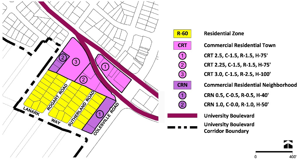 Figure 49: Proposed Zoning in the Four Corners West Neighborhood
Zoning map showing areas along University Boulevard with different color-coded residential and commercial zones, roads, and corridor boundaries labeled for reference.