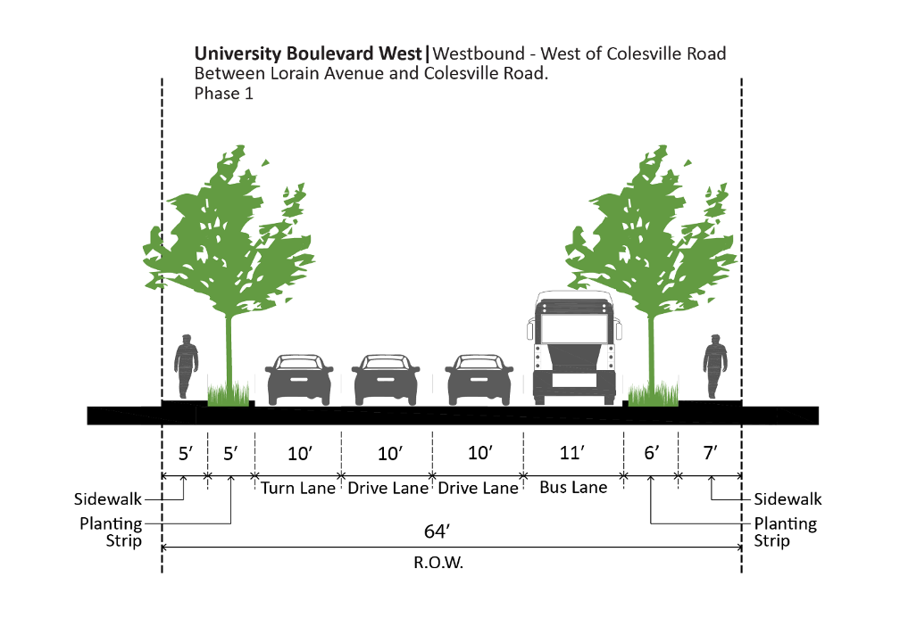 Figure 79: University Boulevard West – Westbound Phase 1
Cross-section diagram of a 64-foot wide road with four vehicle lanes, a bus lane, sidewalks, and planting strips, labeled with dimensions and featuring trees and figures.