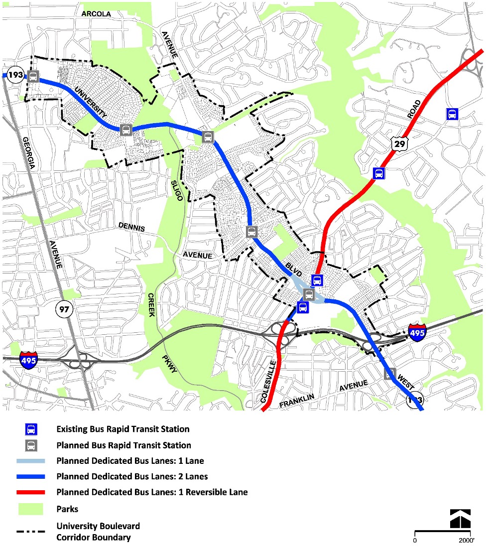 Figure 84: University Boulevard – Planned Dedicated Bus Lanes
Transit map showing existing and planned bus rapid transit stations and dedicated bus lanes of varying types along University Boulevard, with parks and corridor boundary indicated.