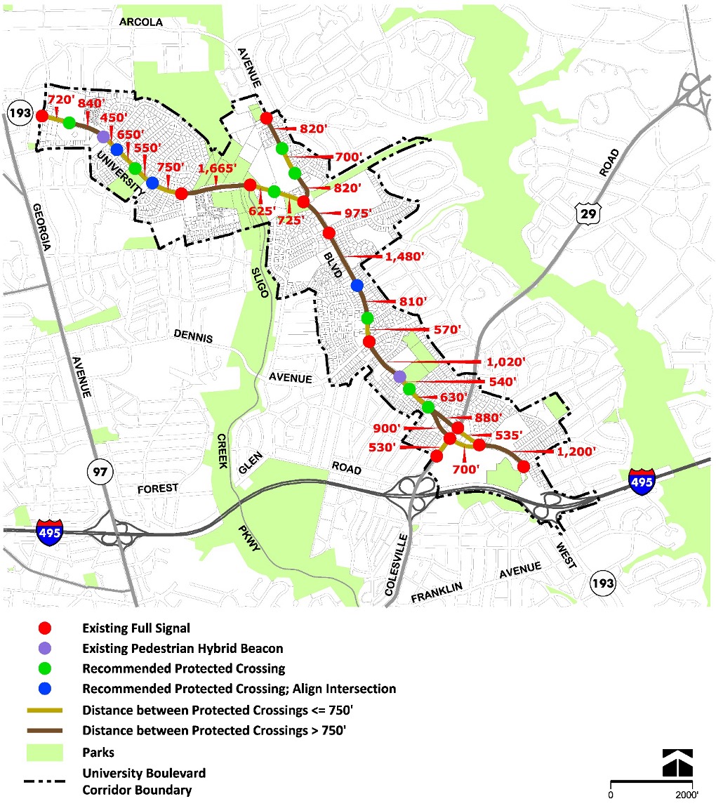 Figure 86: Protected Crossings
Map of University Boulevard with signals, pedestrian beacons, protected crossings, parks, and distances between crossings marked with red and green dots and lines.