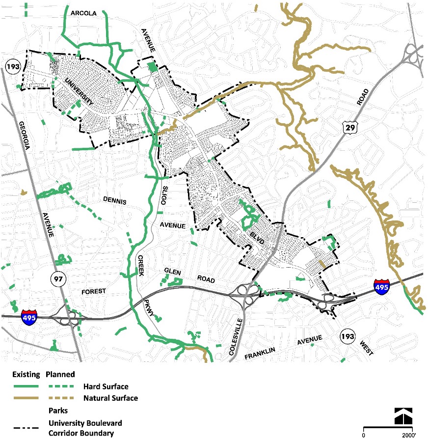 Figure 87: Pedestrian Connections
Map showing planned and existing trails with hard and natural surfaces, parks, and major roads within the University Boulevard Corridor, bordered by I-495 and US-29.