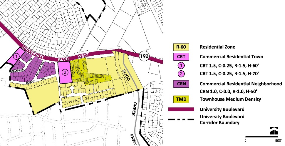 Figure 21: Proposed Zoning for the Inwood House Neighborhood
Zoning map showing residential, commercial, and townhouse areas near University Boulevard, with color-coded zones and a legend explaining each zone type.