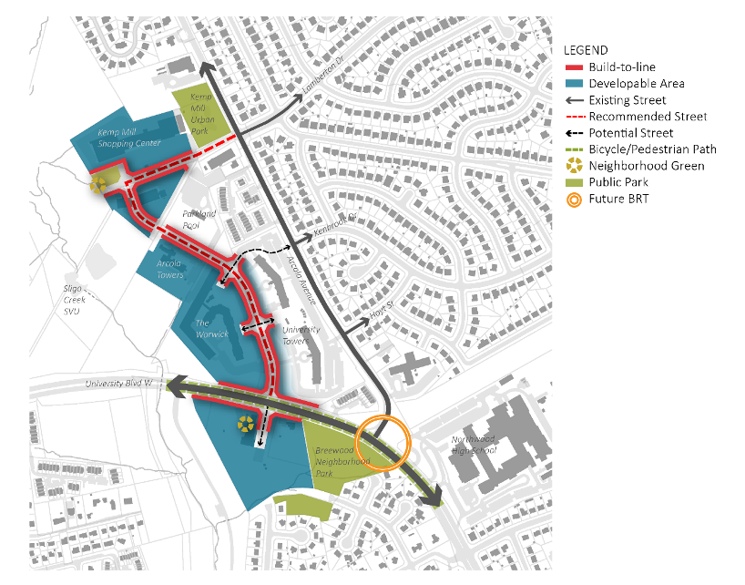 Figure 27: Urban Design for the University Towers Neighborhood
Map showing a proposed street network with existing and recommended streets, bicycle paths, parks, and developable areas highlighted in different colors and labeled with a legend.