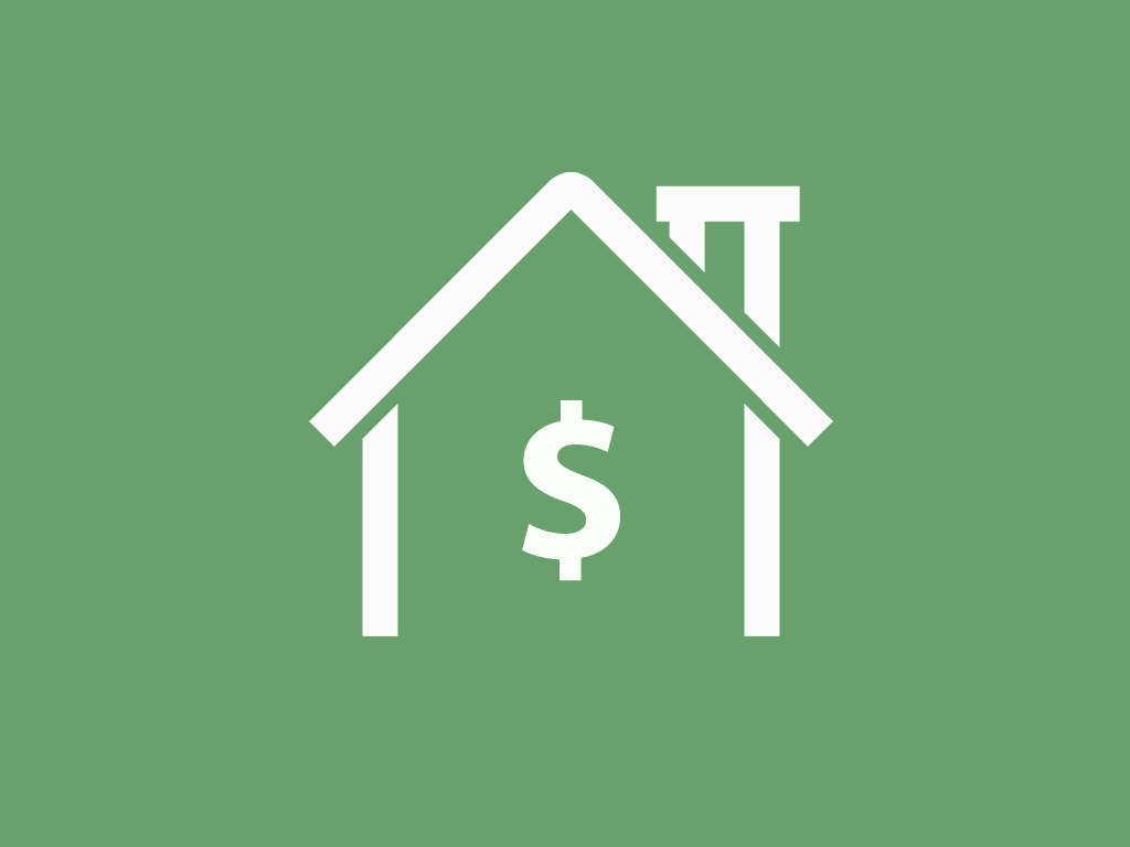 White icon of a house with a dollar sign inside, symbolizing home value or real estate investment, on a green background.