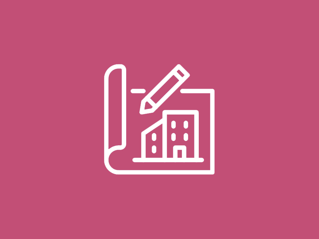 White line icon of a pencil drawing a building on a blueprint scroll, symbolizing Development Applications, centered on a solid pink background.