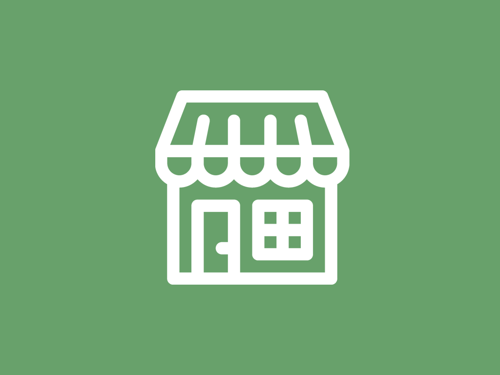 White icon of a small shop or storefront with a door, window, and striped awning on a green background.