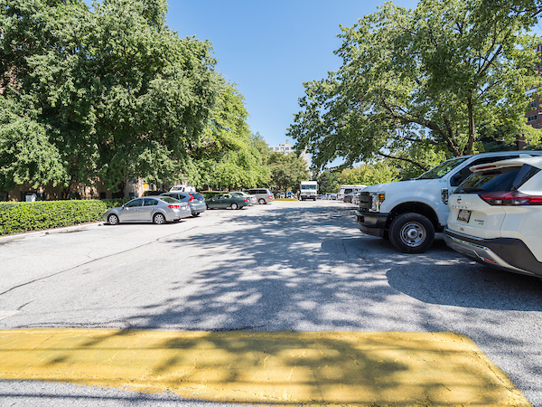 A parking lot with several parked cars, bordered by trees on a sunny day. A yellow speed bump is visible in the foreground.