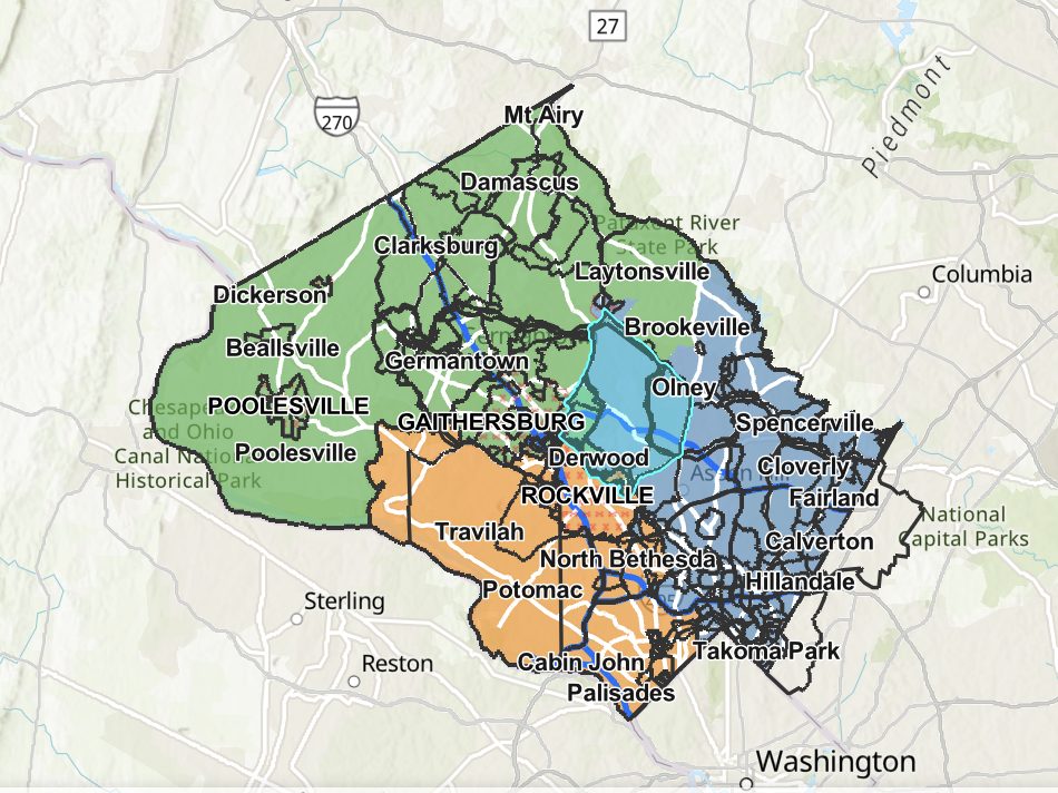 Map of Montgomery County, Maryland, showing different regions in color-coded sections, including towns such as Rockville, Gaithersburg, and Silver Spring, with major roads labeled.