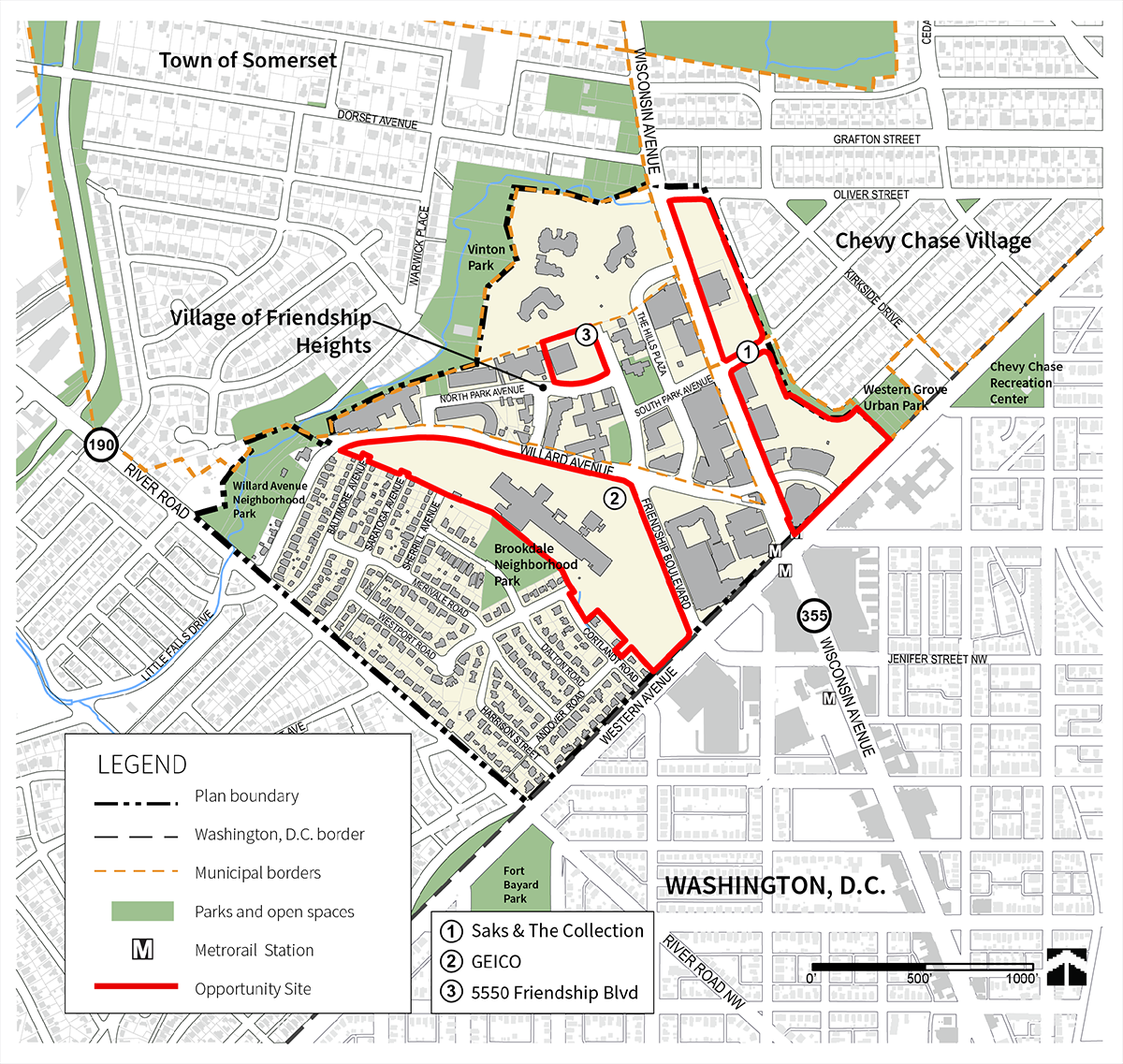 Map highlighting the Friendship Heights area near Washington, D.C., with plan boundaries, municipal borders, parks, and metro stations labeled.
