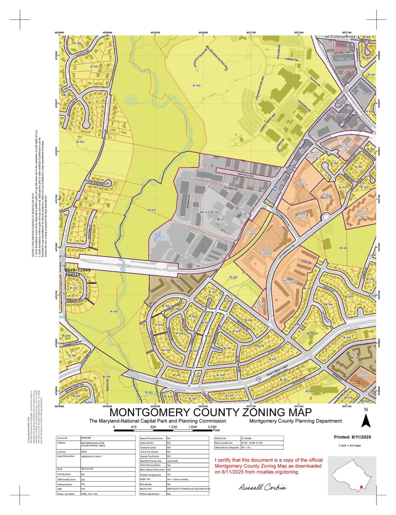 Montgomery County zoning map showing various zoning areas in different colors, labeled streets, buildings, parks, and a legend at the bottom right.