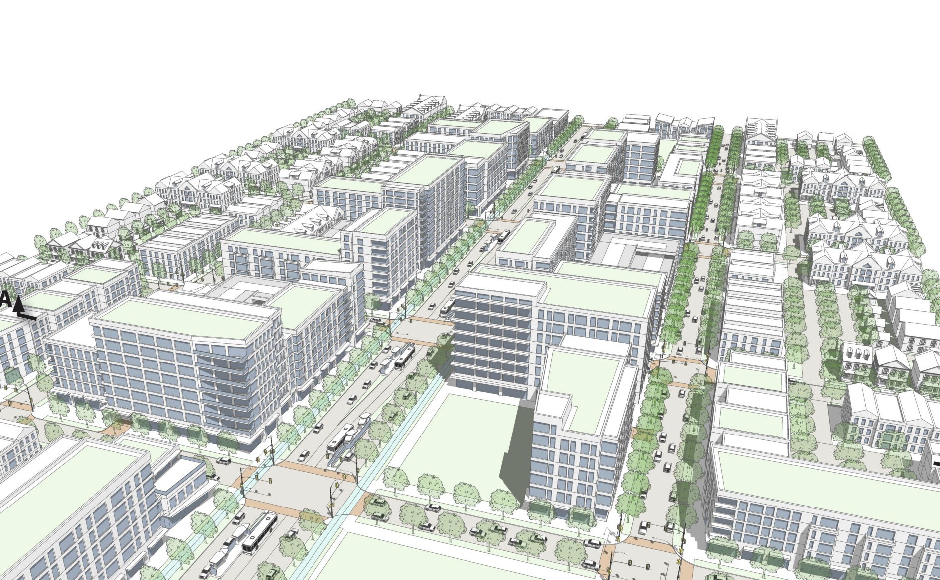 Aerial view of a city plan showing multiple blocks of mid-rise buildings, streets lined with trees, and rows of smaller houses in the background.