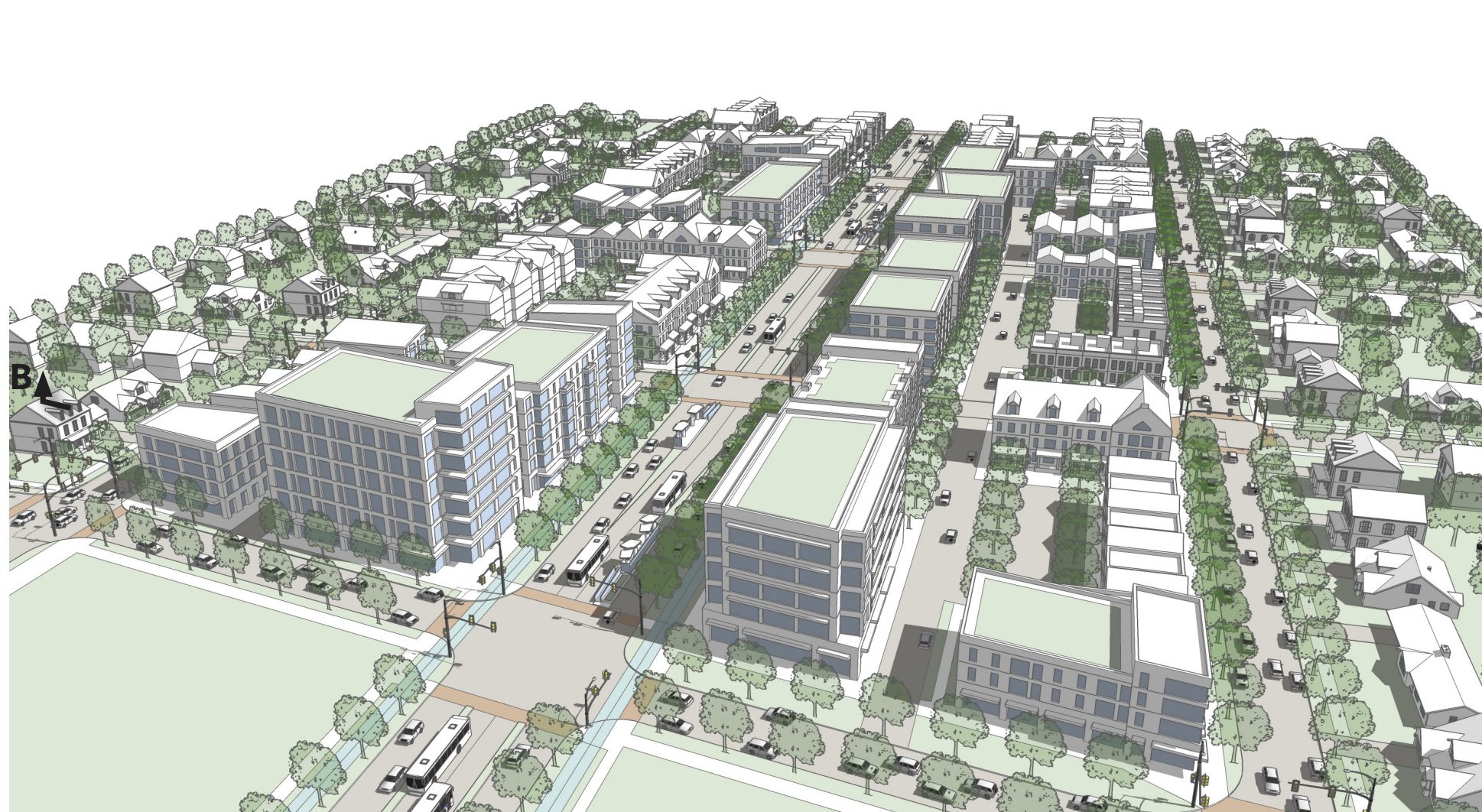 Aerial view of a planned urban neighborhood featuring mid-rise buildings, tree-lined streets, pedestrian walkways, and residential houses.