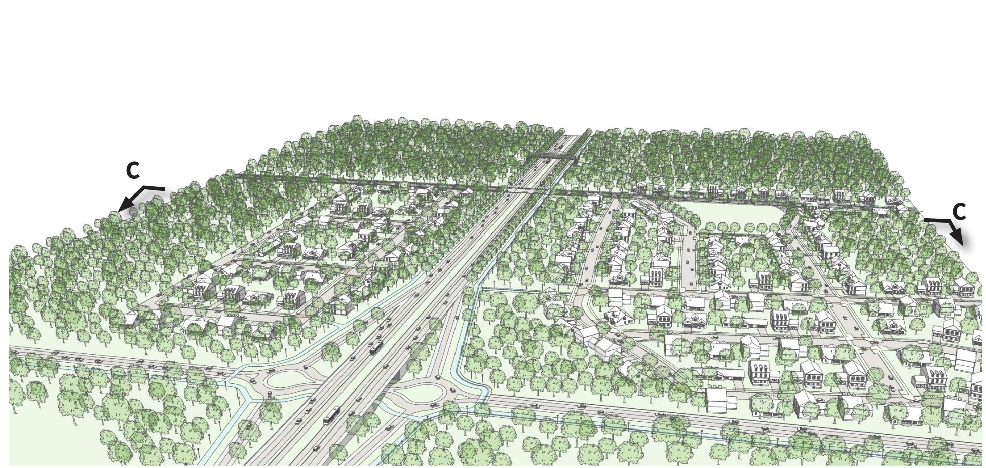 Aerial illustration of a suburban neighborhood with tree-lined streets, houses, and a major road running diagonally through the center.