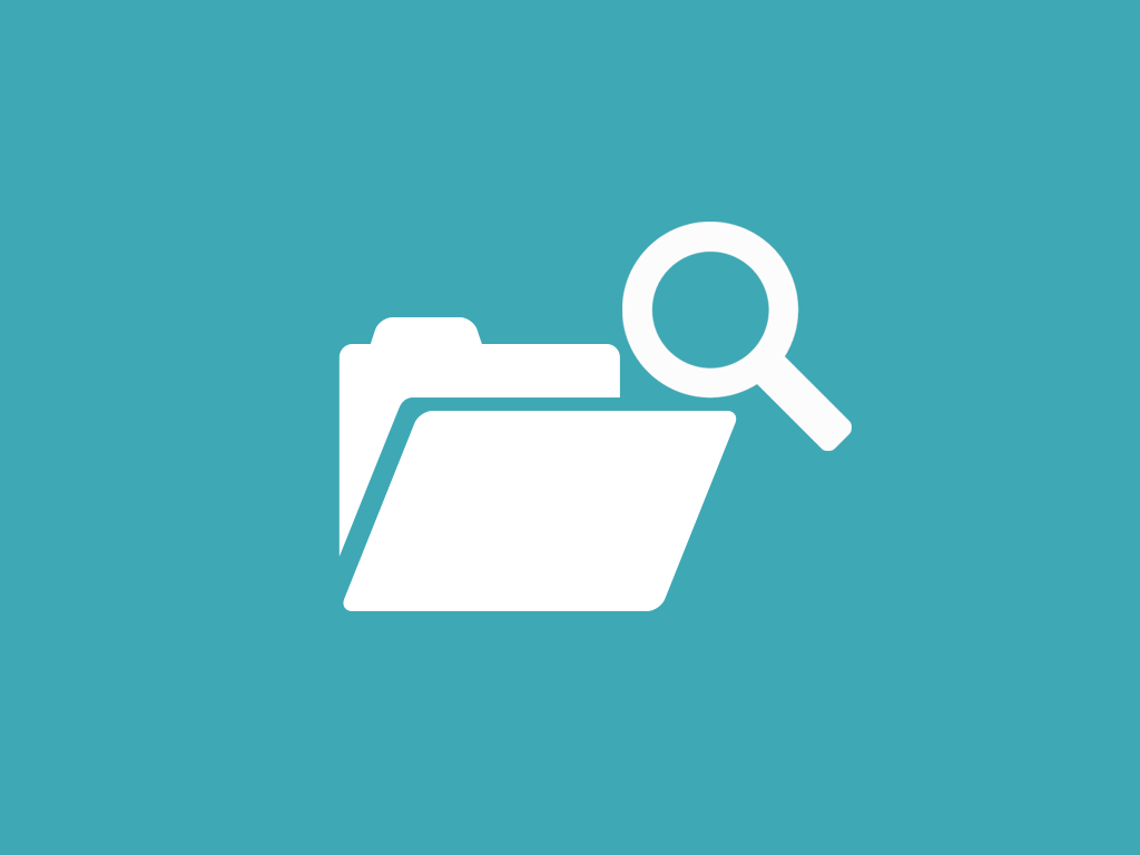White icon of a folder and magnifying glass on a teal background, representing searching or reviewing documents or files.