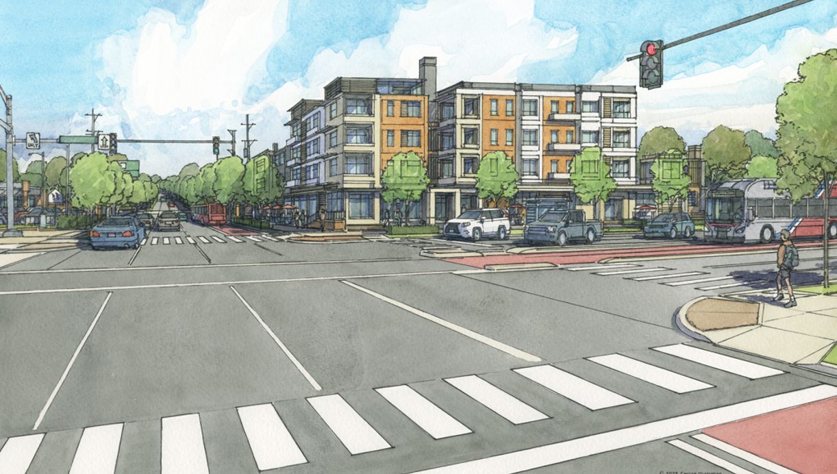 A street intersection with crosswalks, multiple lanes of traffic, parked cars, and mid-rise apartment buildings surrounded by trees.