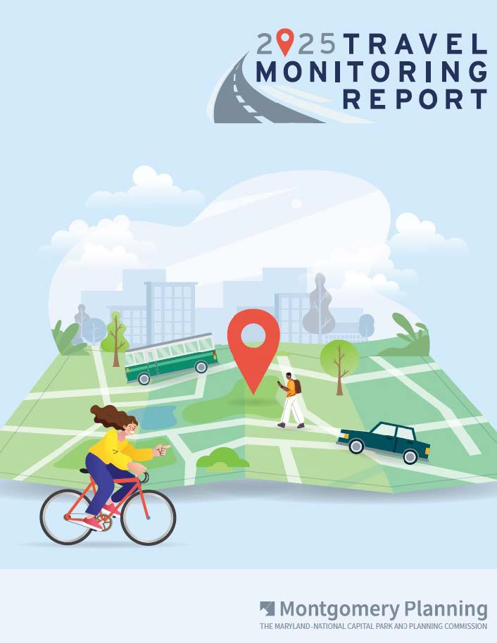 Illustration of a city map with a location pin, a cyclist, pedestrian, car, and bus, promoting the 2025 Travel Monitoring Report by Montgomery Planning.