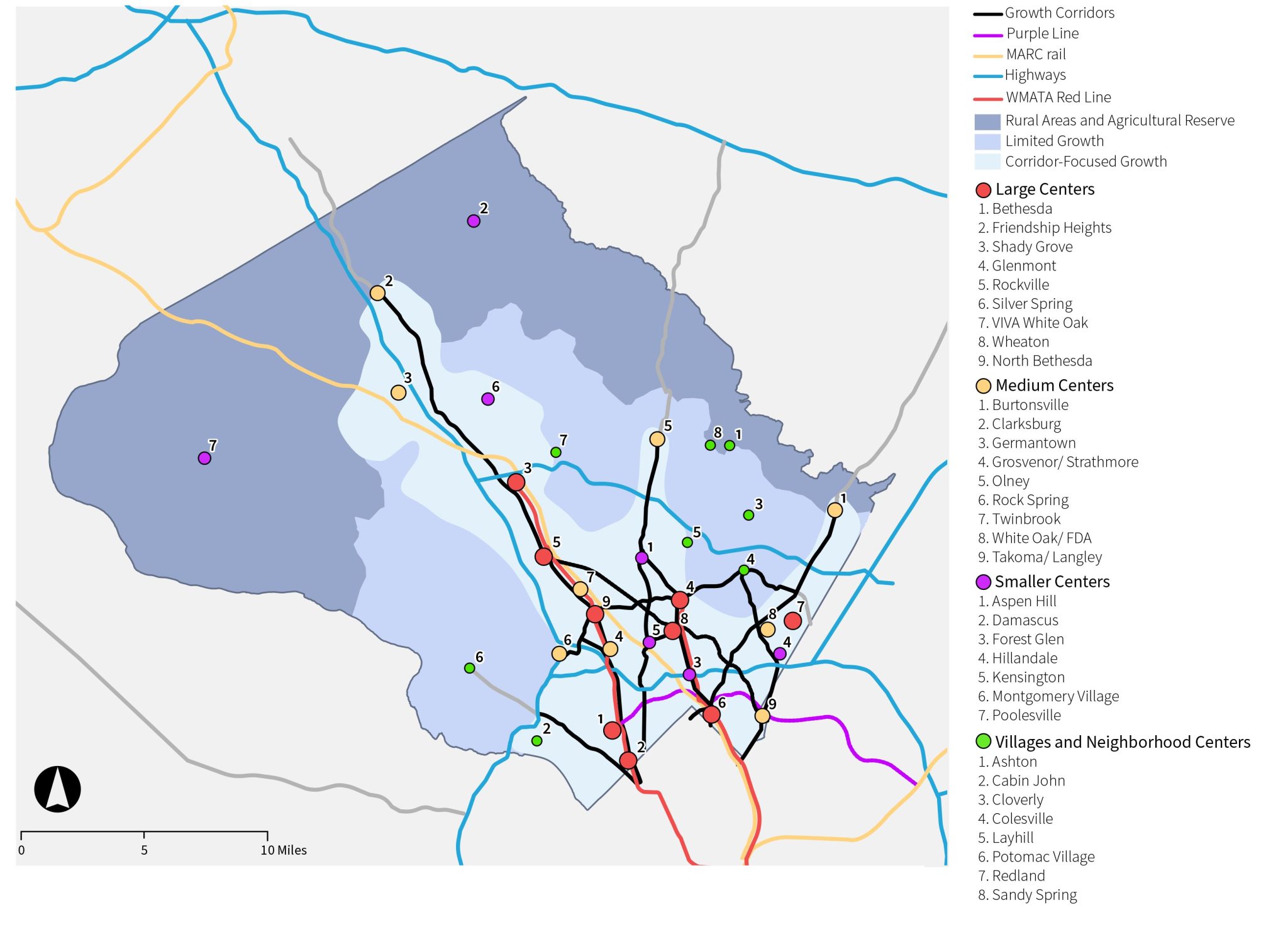 A map of Montgomery County, Maryland showing growth corridors, highways, transit lines, and labeled activity centers in different sizes. A legend explains the symbols and categories.
