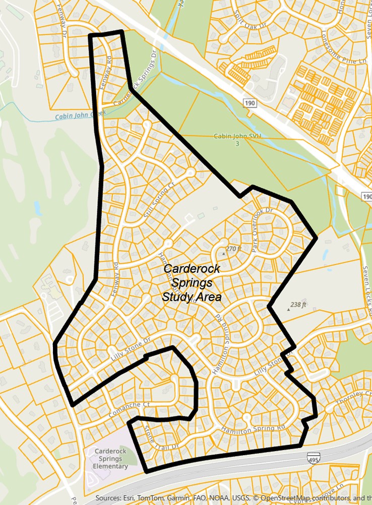 A map showing the Carderock Springs Study Area outlined in black, with neighborhood streets and a nearby elementary school labeled.