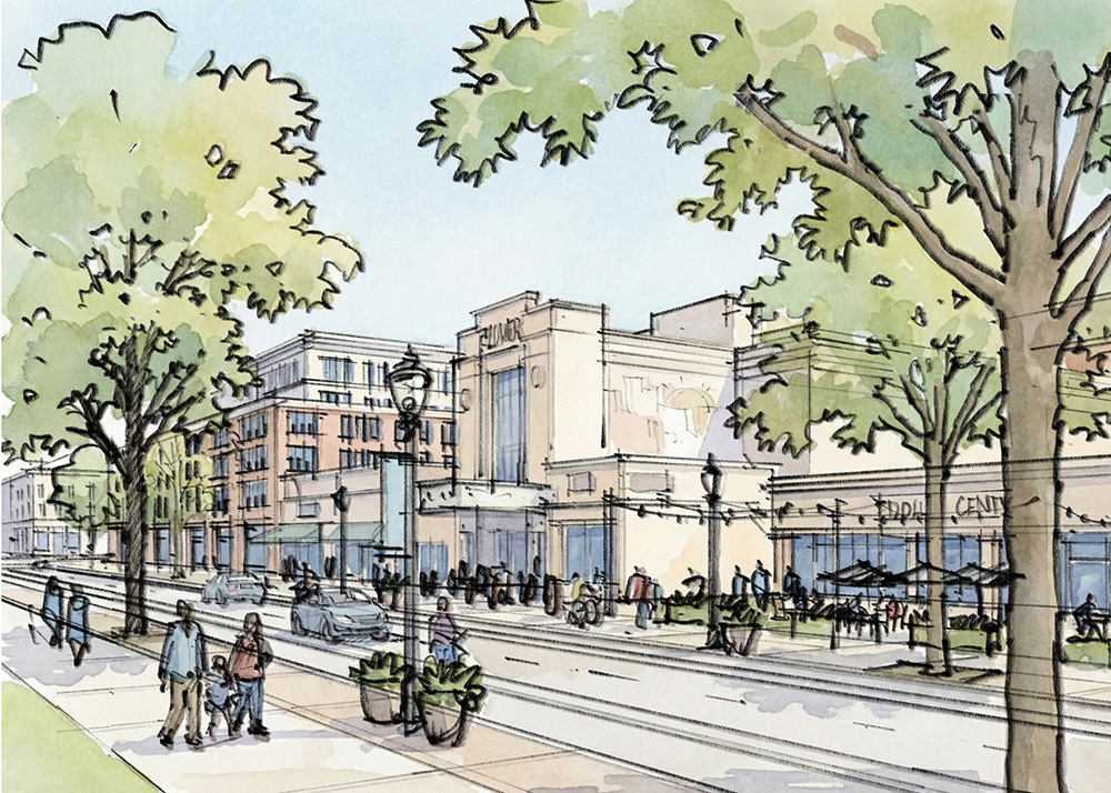 A tree-lined urban street with pedestrians, cars, and multi-story buildings—showcasing shops and outdoor seating on a sunny day—reflects the vibrant vision of Montgomery Planning.