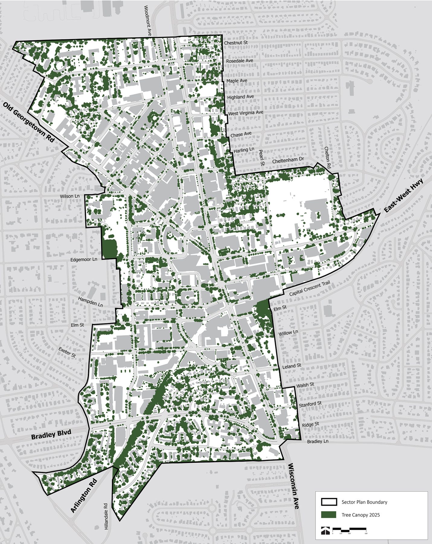 Map showing the Bethesda Downtown Sector Plan area, with green spots indicating projected tree canopy coverage for 2025 within the outlined sector boundaries.
