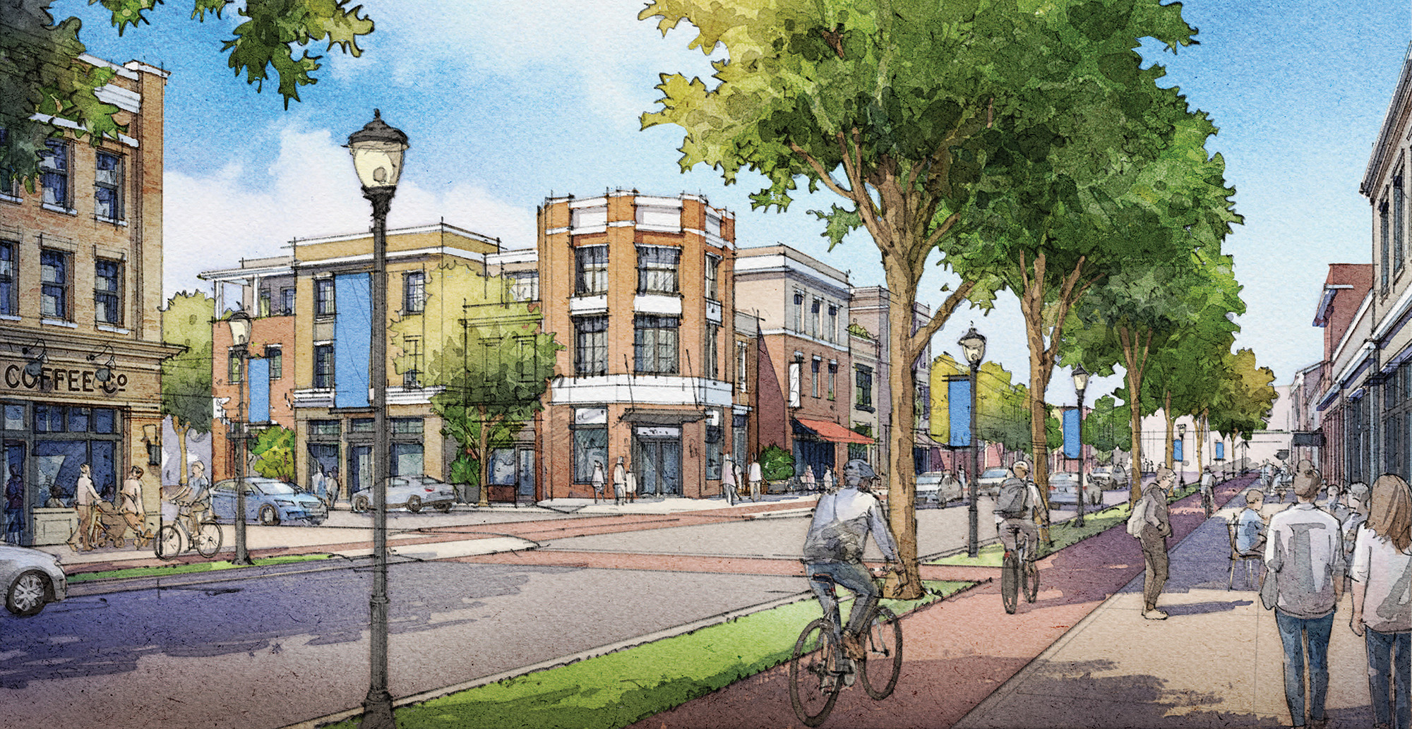 A tree-lined street with pedestrians, cyclists, and storefronts, featuring brick buildings, outdoor seating, and a clear blue sky.
