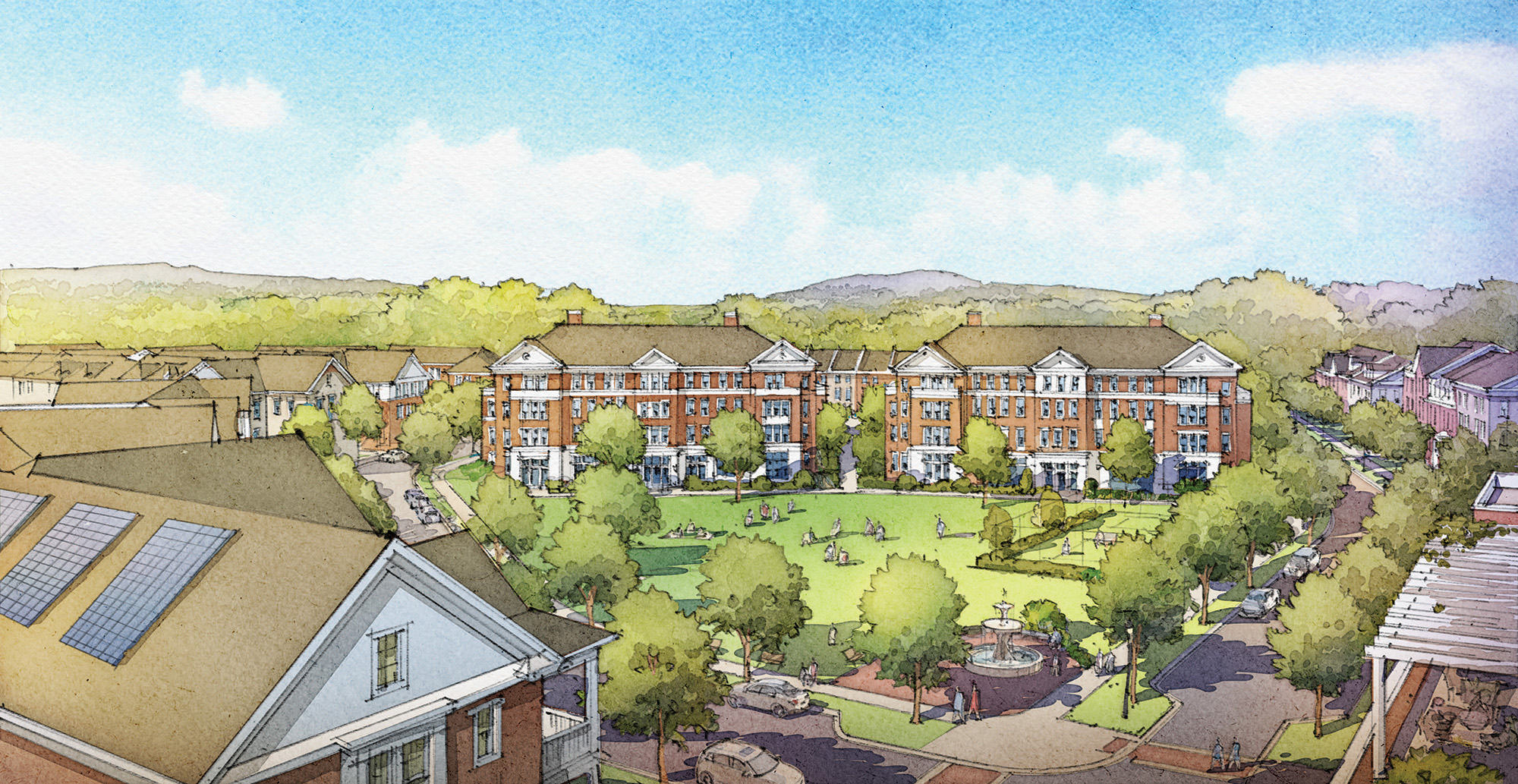 Aerial illustration of a landscaped green park surrounded by trees, with people on the lawn and brick multi-story buildings in the background under a blue sky.