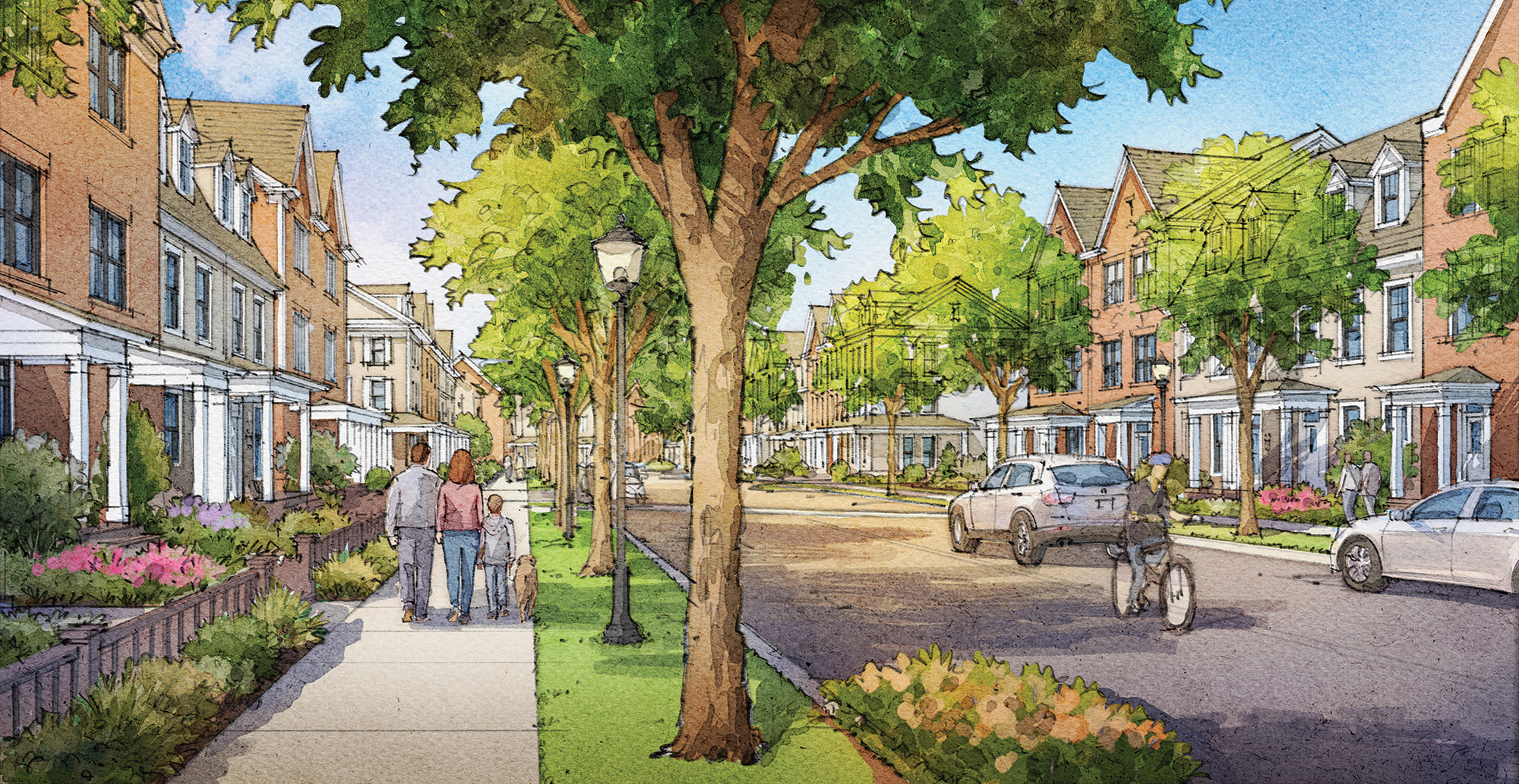 A tree-lined suburban street with parked cars, people walking on the sidewalk, a cyclist riding, and houses with porches on both sides under a clear sky.