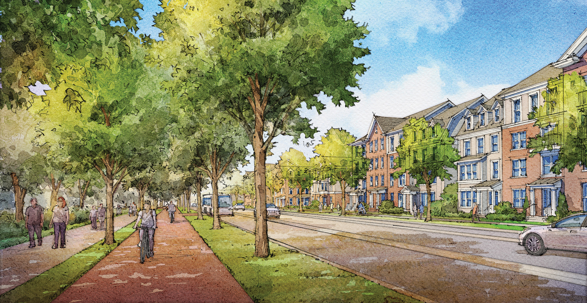 A tree-lined street with people walking and cycling on a path beside a row of multi-story townhouses under a blue sky.