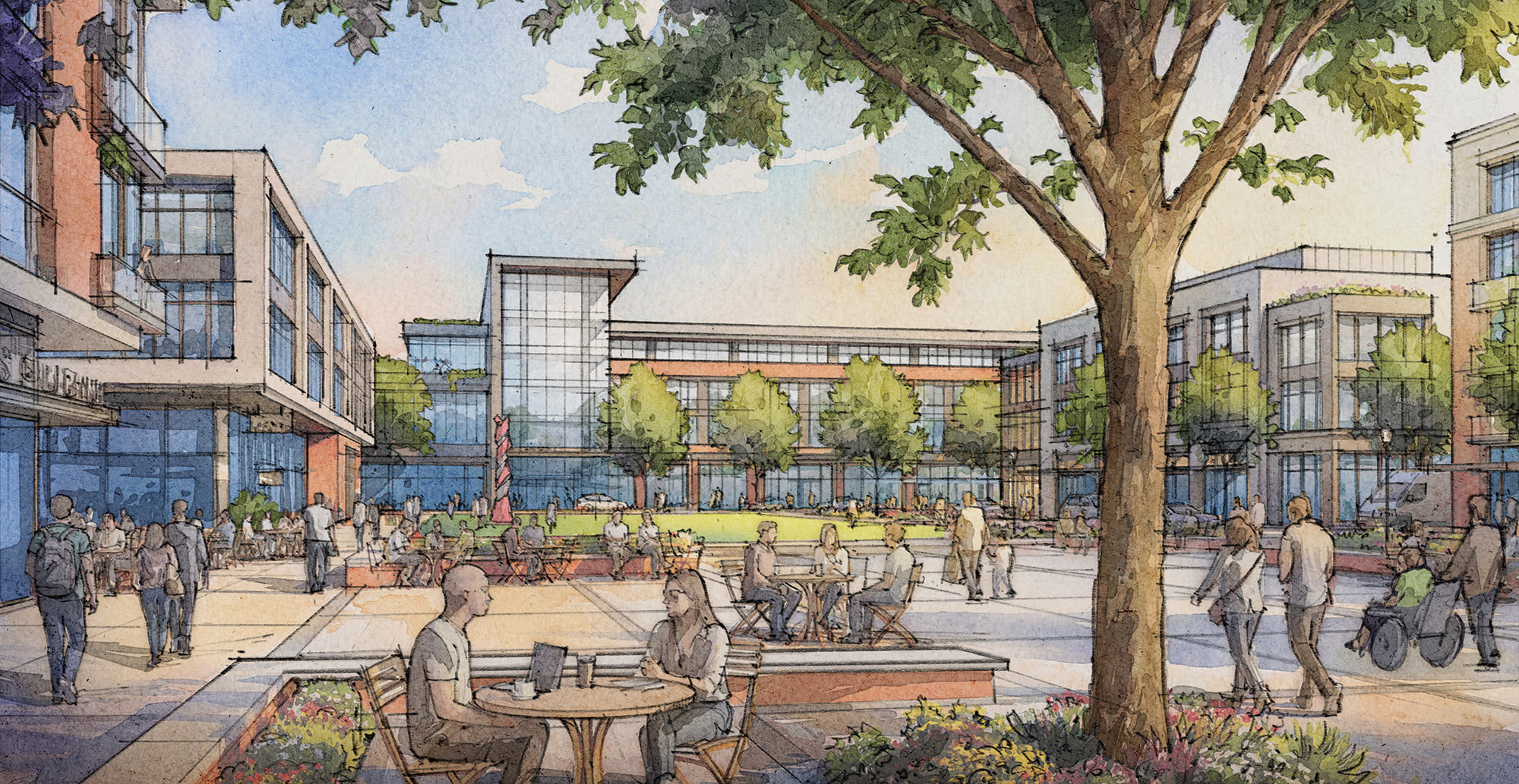 People socialize, walk, and sit at tables in a modern outdoor plaza surrounded by trees, green spaces, and multi-story buildings under a partly cloudy sky.