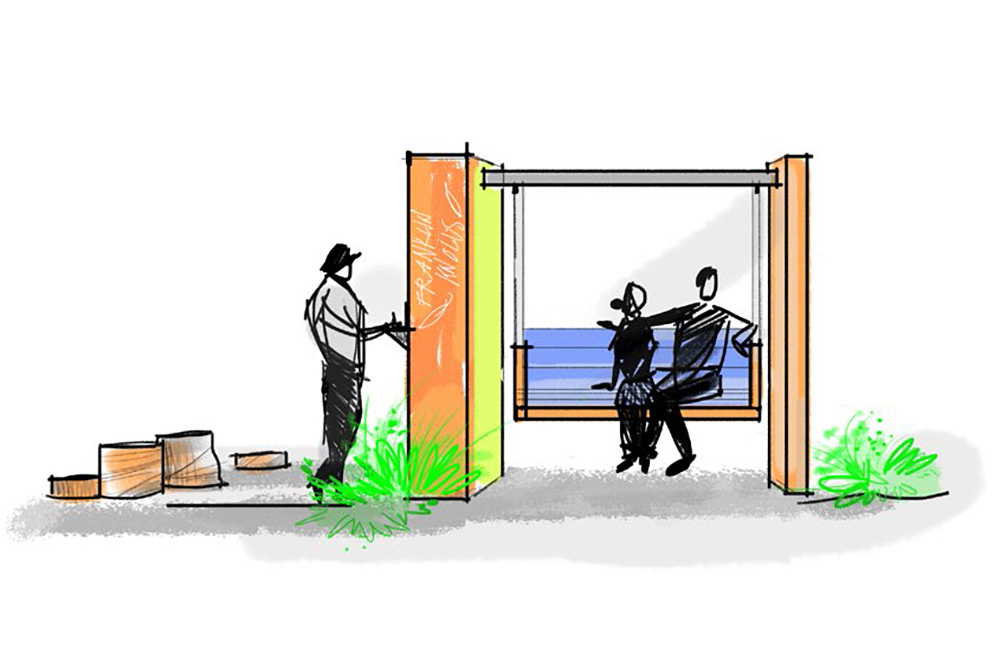 Illustration of three people at a modern outdoor structure with a bench facing the ocean; two seated and one standing beside a vertical orange panel.