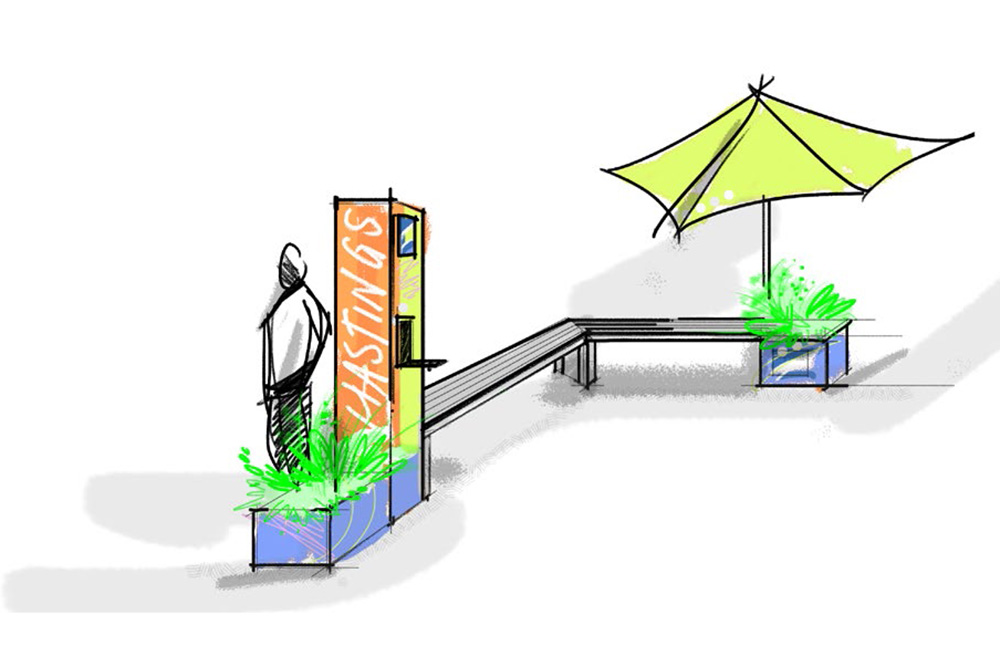 Sketch of a small outdoor seating area with planters, a bench, a tall sign labeled "Hastings," a standing person, and a large yellow umbrella providing shade.