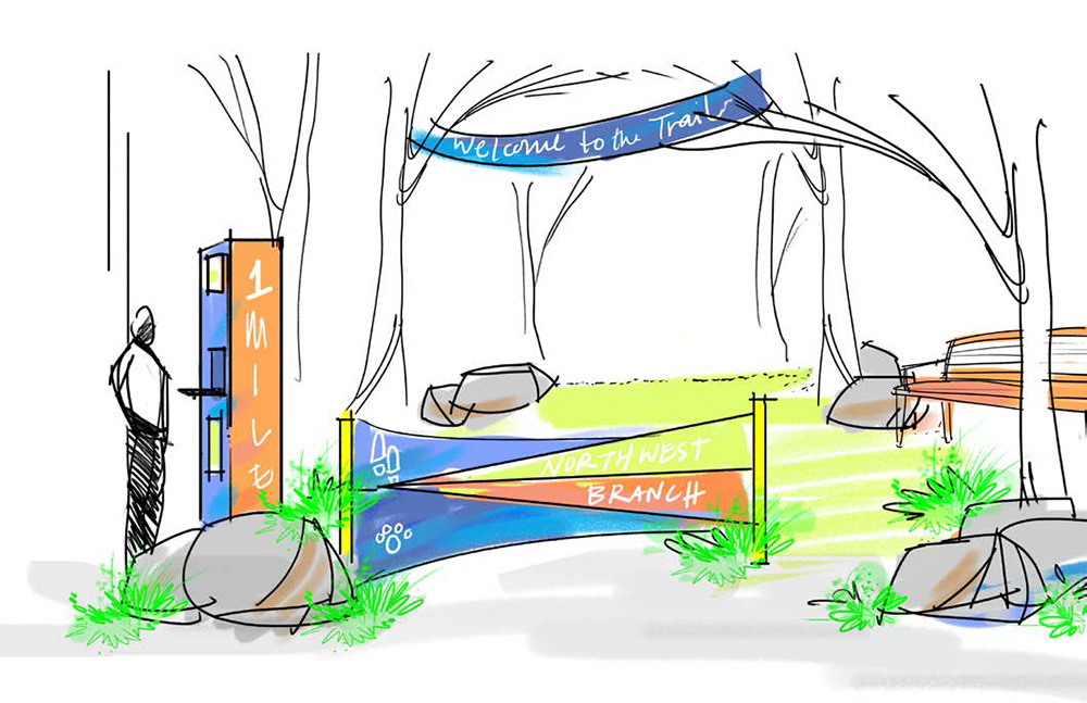 Illustration of a trail entrance with a "Welcome to the Trail" banner, a 1 mile marker, and signs for the northwest branch, surrounded by rocks and greenery.
